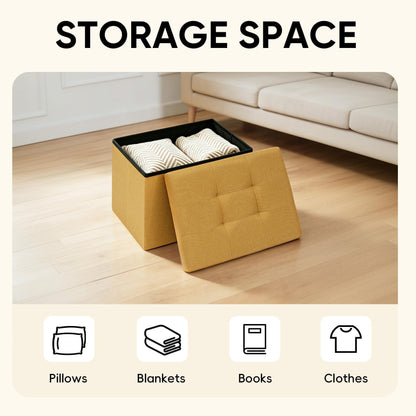 PINPLUS Linen Ottoman Storage Box with Lid, 42x32x32 cm, Ginger Yellow