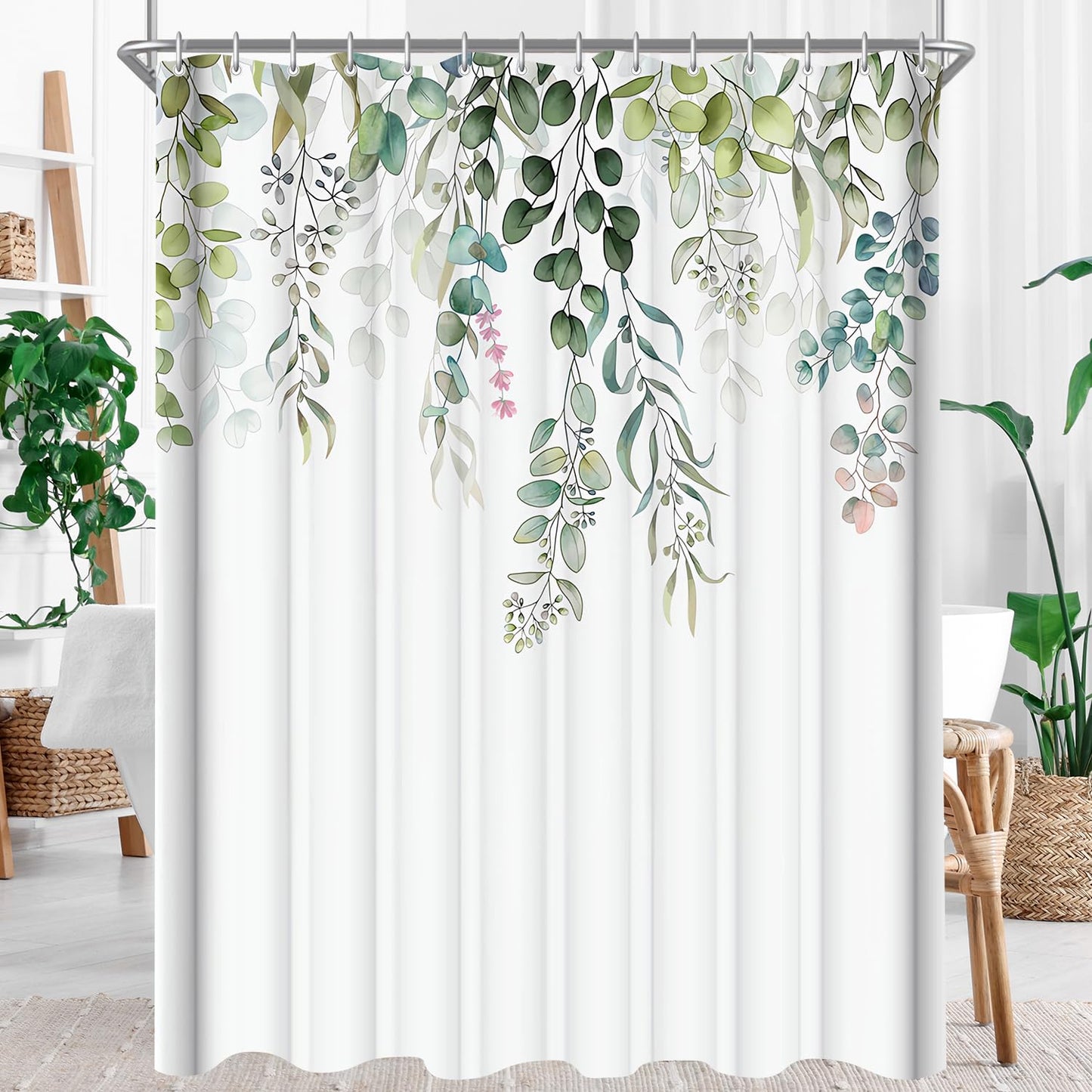 Lerores shower curtain 100x200cm (39x78 inch) Green Leaves Pattern, Weighted Hem Anti-Mold Textile, Water-Repellent