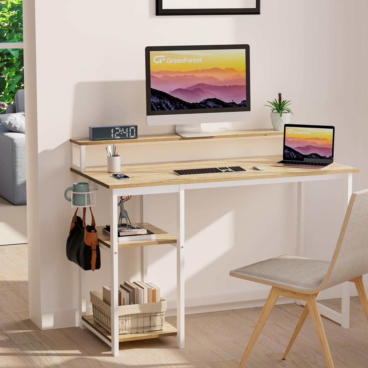 GreenForest Office Desk with Full Monitor Stand,100 cm Home Computer Desk with Reversible Storage Shelves,Small Study Desk with Headphone Hook and Cup