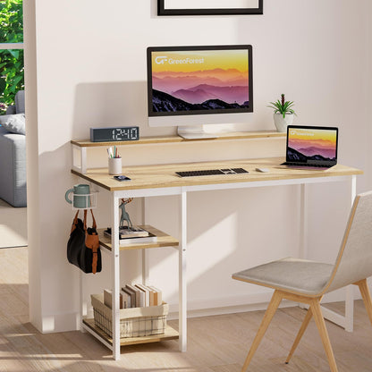 GreenForest Office Desk with Full Monitor Stand,100 cm Home Computer Desk with Reversible Storage Shelves,Small Study Desk with Headphone Hook and Cup