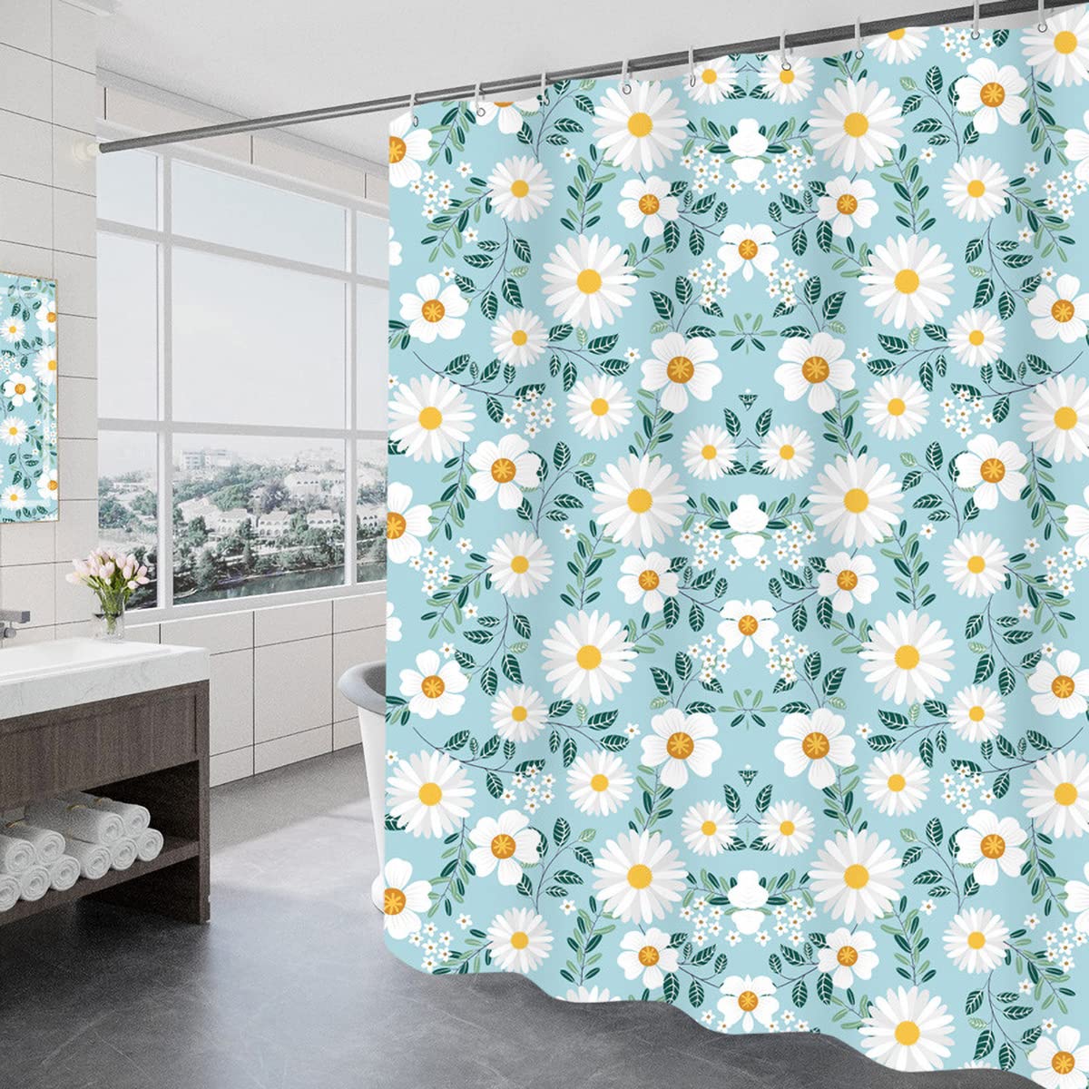 GONOVE Shower Curtain 200 x 200cm Mildew Resistant Waterproof Thicken Polyester Fabric Flowers Bathroom Shower Curtain Liner Long Washable Bath