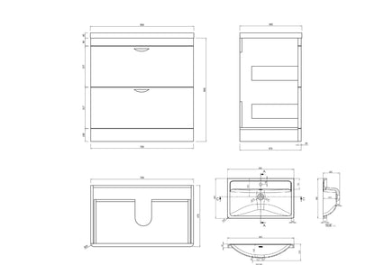 Cyrenne High Gloss White Floor Standing Vanity Basin Storage Unit Cabinet & Polymarble Soft Edges Sink - 800mm