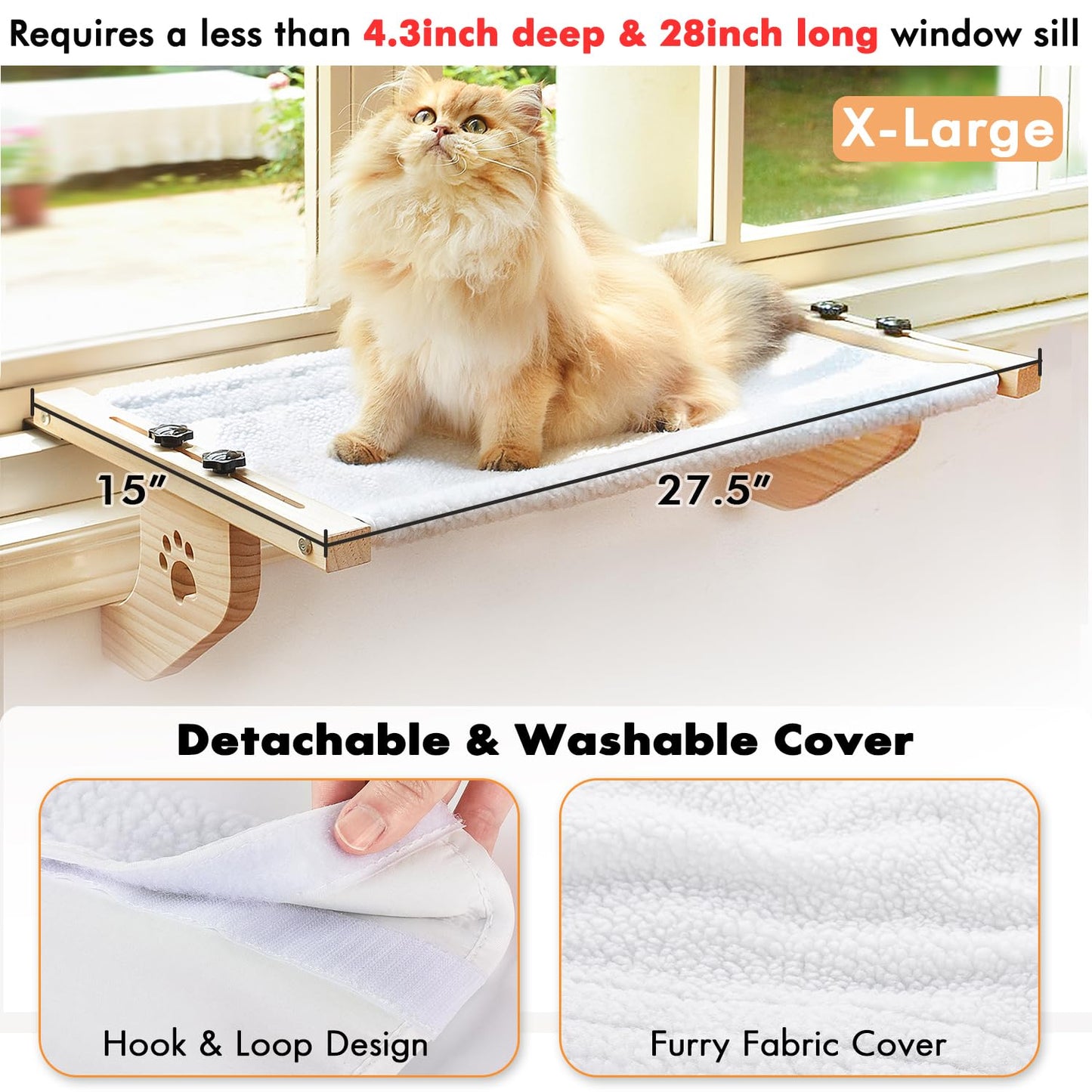 AMOSIJOY Cat Sill Window Perch Sturdy Cat Hammock Window Seat with Wood & Metal Frame for Large Cats, Easy to Adjust Cat Bed for Windowsill, Bedside,