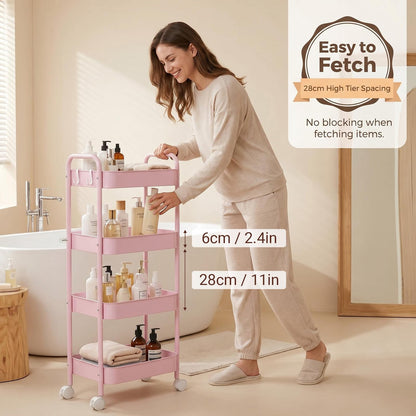 CHUNGG Bathroom Storage 4 Tier Beauty Trolley on Wheels, Mobile Kitchen Trolley with Hooks & Handle, Metal Rolling Utility Cart for Home