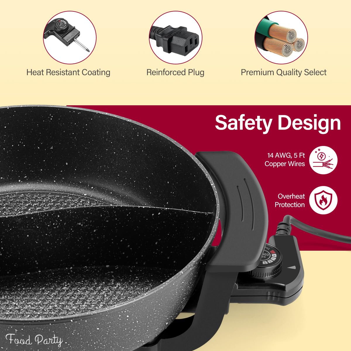 Food Party Hot Pot Hotpot Pot Electric with Divider Chinese Hot Pot Cooker 6-Quart Non-Stick Shabu Shabu Pot