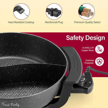 Food Party Hot Pot Hotpot Pot Electric with Divider Chinese Hot Pot Cooker 6-Quart Non-Stick Shabu Shabu Pot