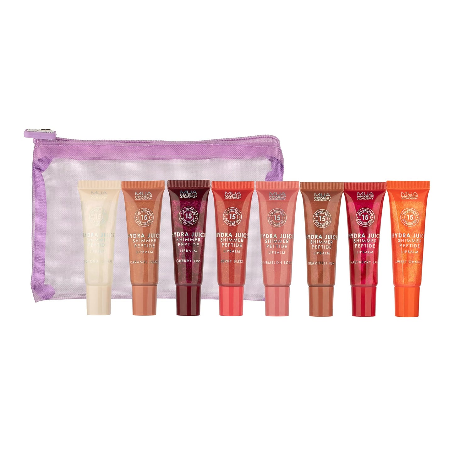 MUA Makeup Academy Hydra Juice Shimmer Peptide Lip Balm, Birthday Gift Set, Vegan & Cruelty Free, 8 x 10 ml Balms