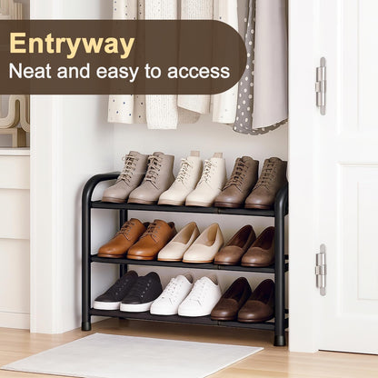 MIKVOYO 3 Tier Extendable Shoe Rack, Black Metal Narrow Adjustable Shoe Storage Stand Racks for Inside Wardrobe Closet, Small Spaces, Hallway