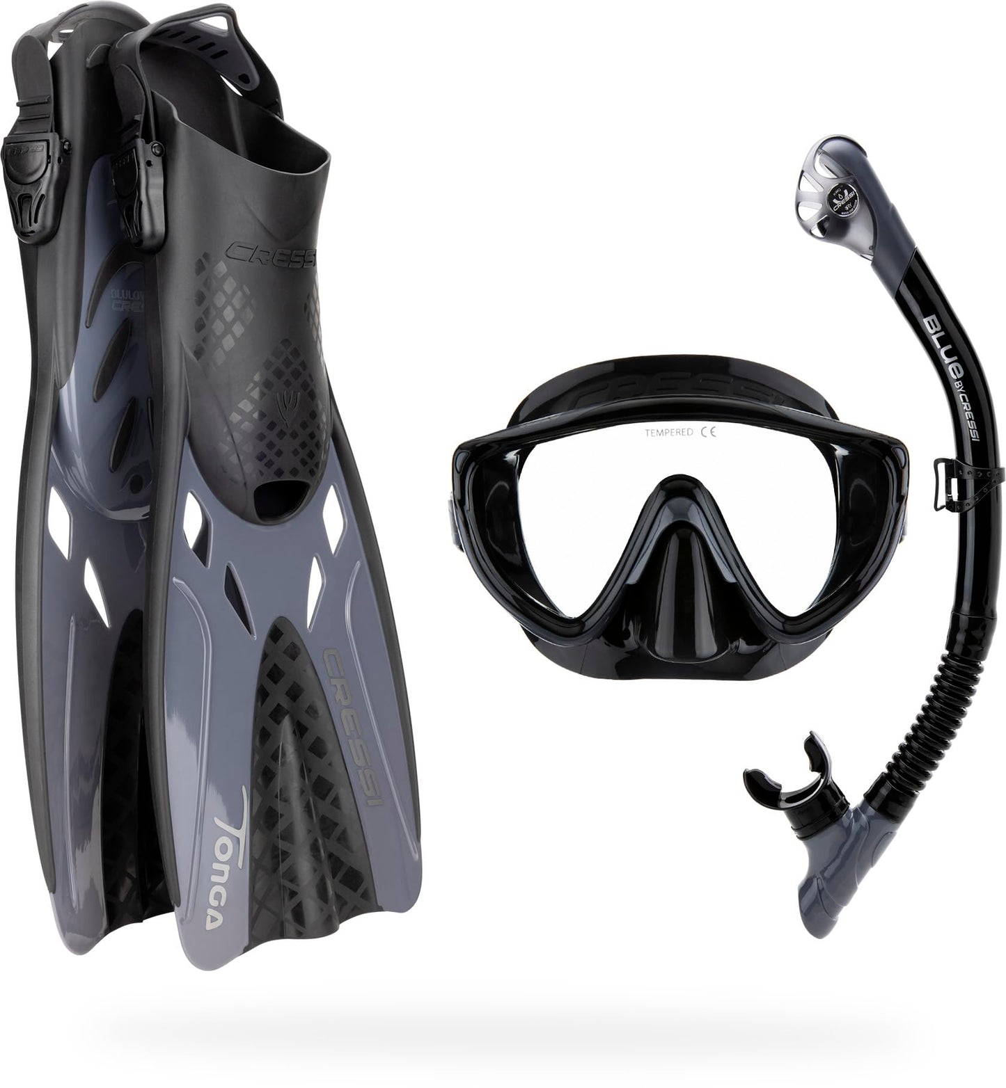 CRESSI Tino Adventure Set Black/Graphite [S/M] - Snorkel Set Tonga Fins, Tino Mask and Scilla Snorkel for Snorkelling and Diving, Black/Graphite, S/M,