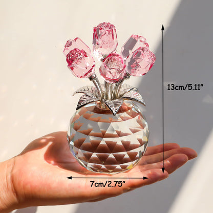 Crystal Pink Rose Bouquet Flower Figurine with Round Vase, Romantic Rose Gifts for Women Her on Valentine's Day Mother's Day Christmas, Rose