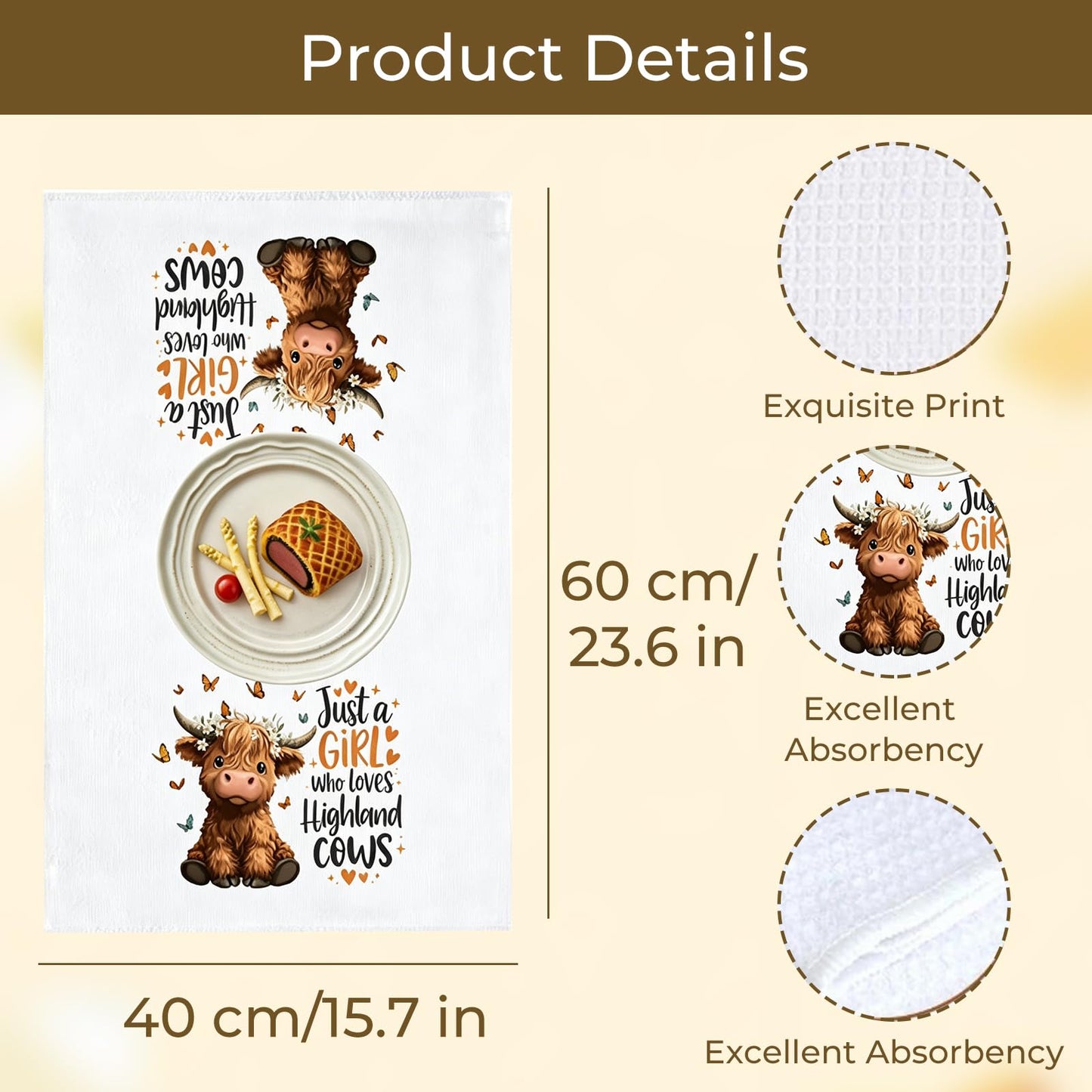 Nodrex 2 Pcs Highland Cow Tea Towel, Tea Towels for Kitchen, Soft Kitchen Towels Microfiber Dish Towels for Hand Drying Cleaning