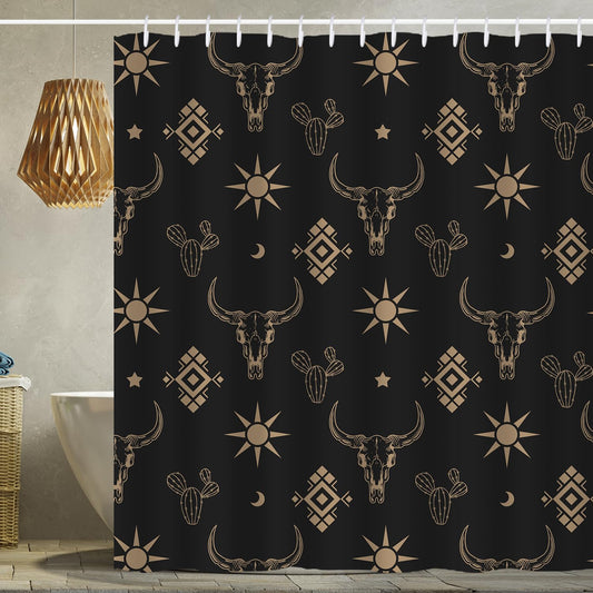 Western Bull Skull Shower Curtain Boho Cow Longhorn Skull Head Cactus Bohemian Black and Gold Shower Curtain with Hooks 72x72 Inch Waterproof