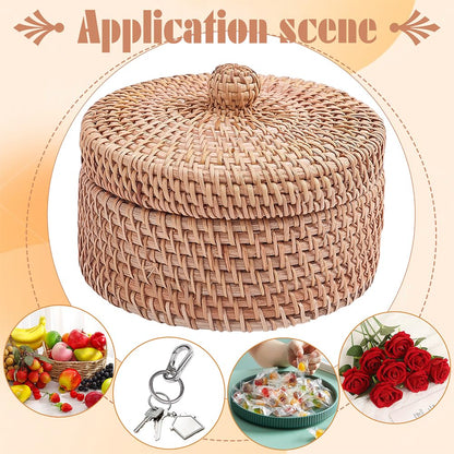 WADORN Round Rattan Storage Box with Lid, Handmade Woven Storage Basket Natural Multi-Purpose Wicker Rattan Basket Small Decorative Baskets Box for