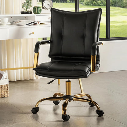 HULALA HOME Faux Leather Home Office Chair with Gold Base and Arms, Black