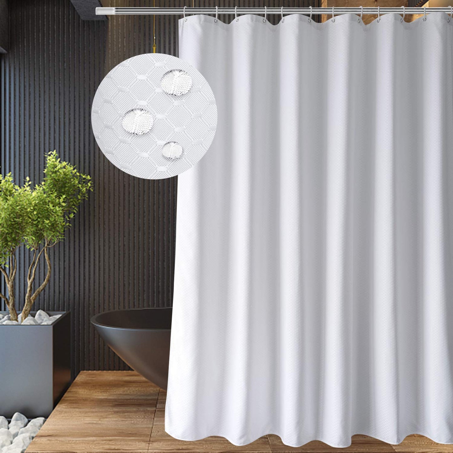 EurCross White Extra Long Shower Curtains 180 x 220cm Drop, Fabric Bathroom Shower Curtains Mould Proof Resistant and Waterproof with 12pcs Hooks
