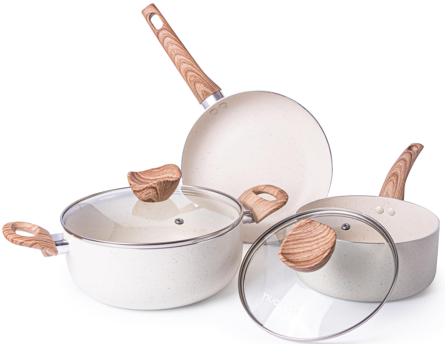 Non Stick Pots and Pans Set  Induction Hob Pots Set  5pcs Kitchen Cookware with Lids  Cooking Cream Granite Saucepan Pots and Frying Pans  by