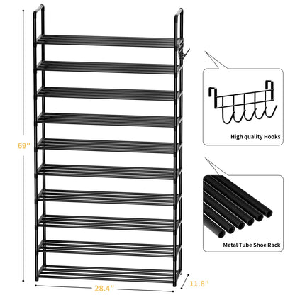 SPUSEN Metal Shoe Rack, 10 Tier Shoe Storage Organizer with Hooks,Fit 40-45Pairs Shoes,Metal Tall Shoe Shelf for
