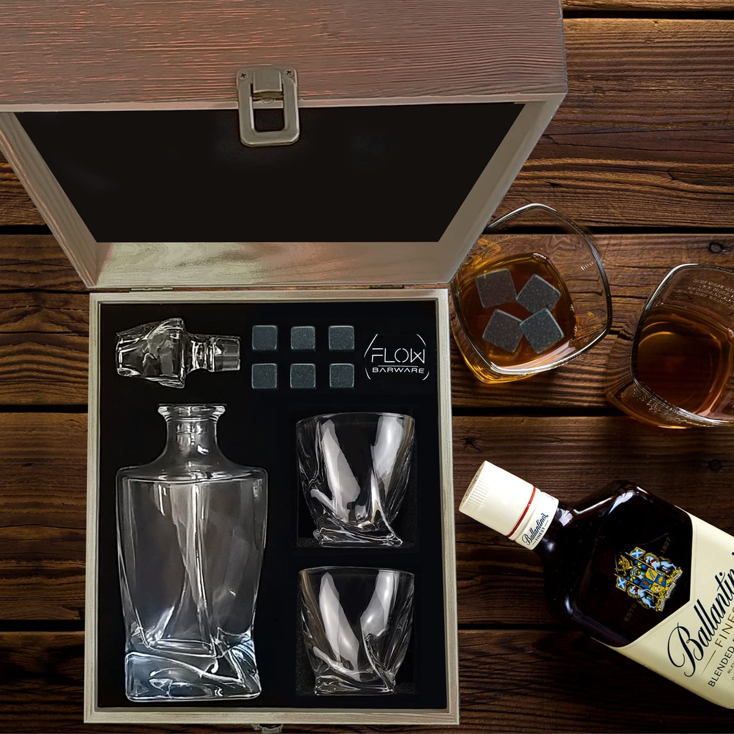 FLOW Barware Deluxe Whiskey Decanter and Glass Set | Twist Design Decanter Set & 2 Whiskey Glasses with 6 Granite Whiskey Stones | Whisky Decanter