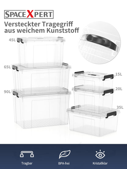 SpaceXpert Storage Boxes with Lid 35L, Plastic Storage Box with Handle, Stackable Container for Home Office Garage Accessories, Hand-Carryable Bin