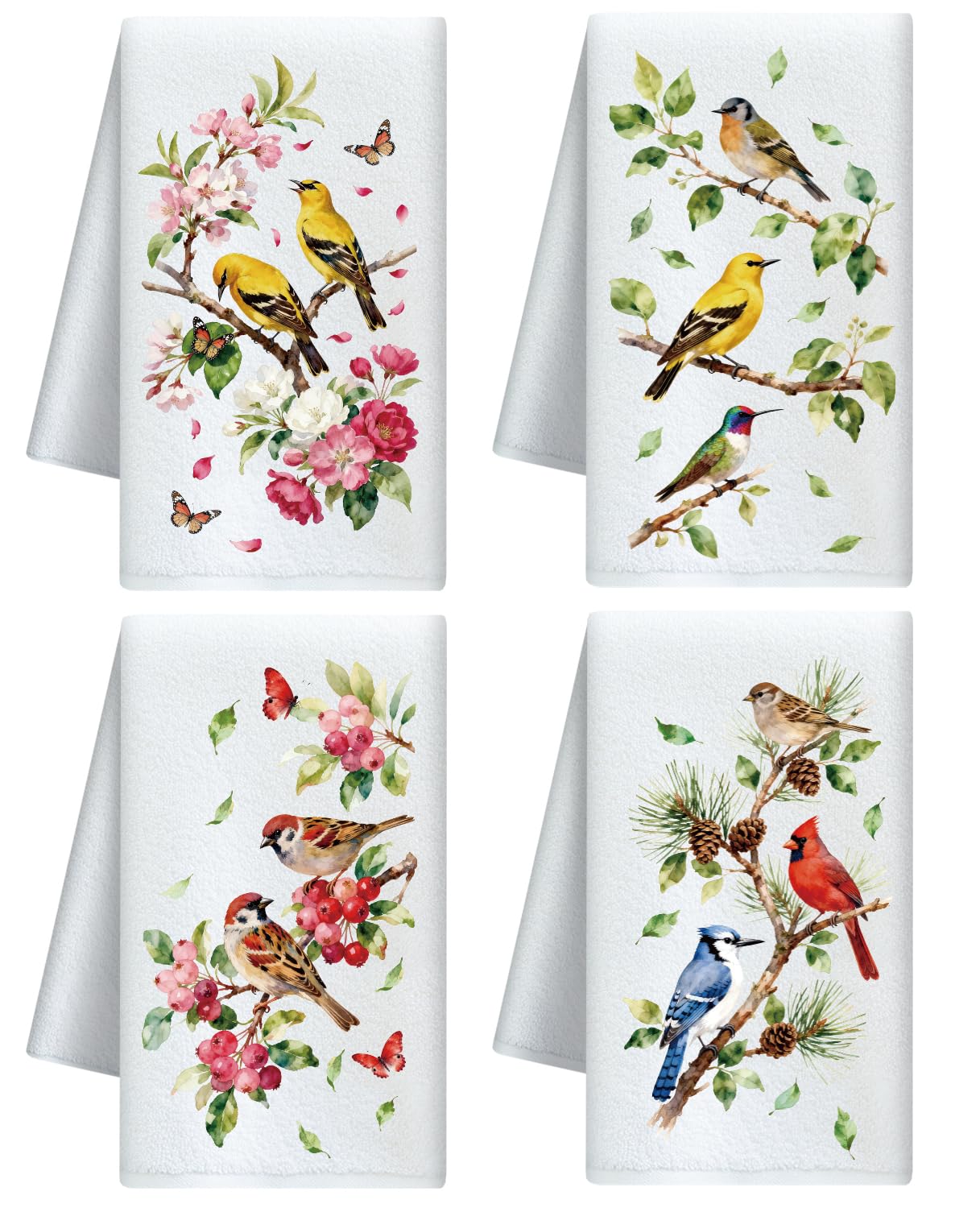 CUTHOLLOW Bird and Flower Decorative Kitchen Towels Set of 4, 60x40cm Soft Absorbent Microfiber Dish Towel for Tea Coffee Bar Home, Best Gift for