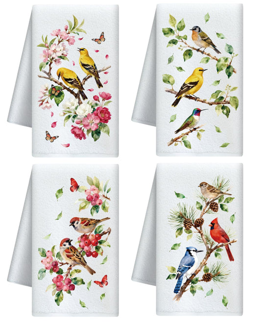 CUTHOLLOW Bird and Flower Decorative Kitchen Towels Set of 4, 60x40cm Soft Absorbent Microfiber Dish Towel for Tea Coffee Bar Home, Best Gift for