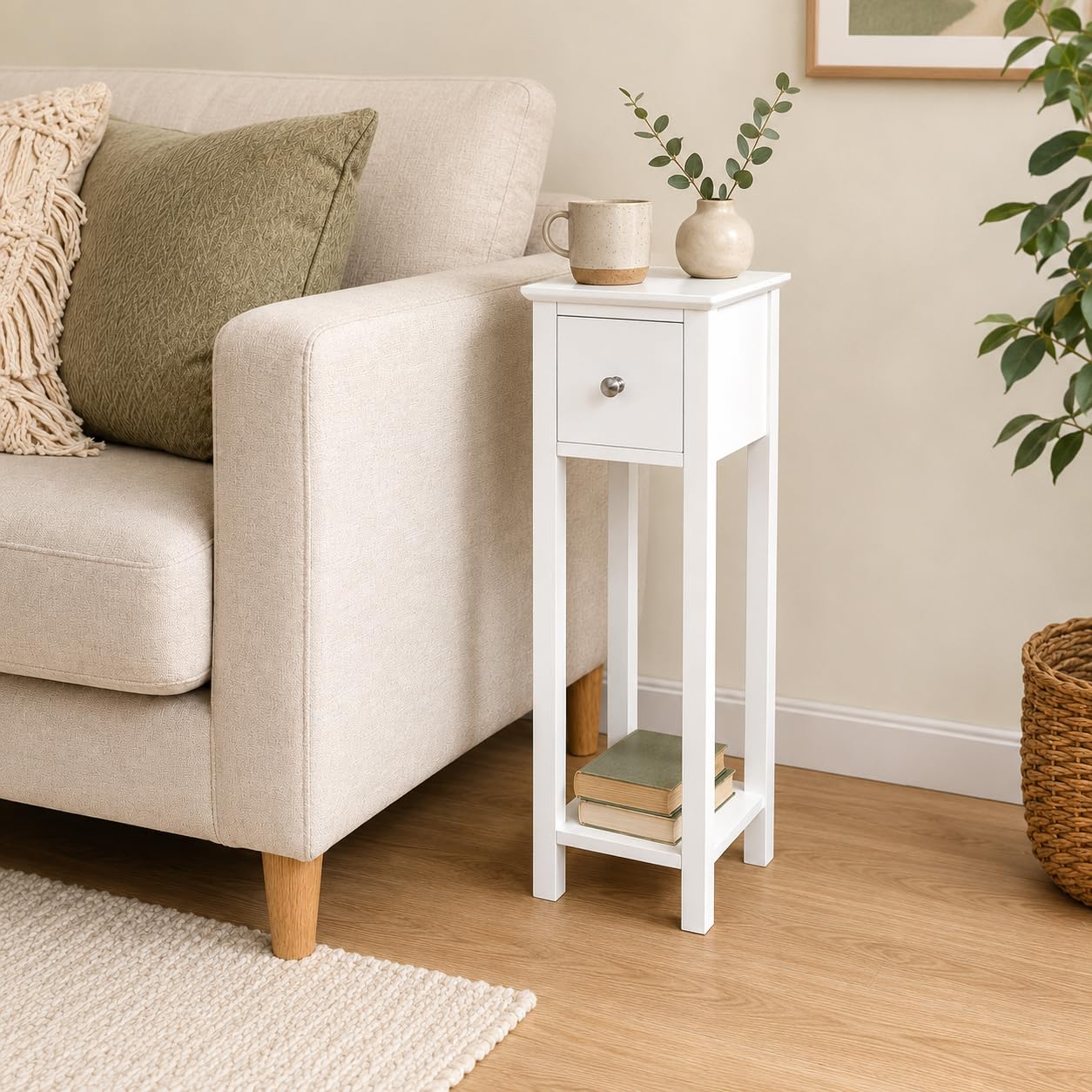 Yaheetech Tall Slim Bedside Table with Drawer and Shelf, White