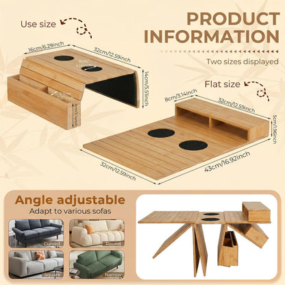 Bamboo Sofa Arm Tray, Foldable Anti Slip Couch Armrest Table with Cup Holder, Phone Holder and Storage Compartments