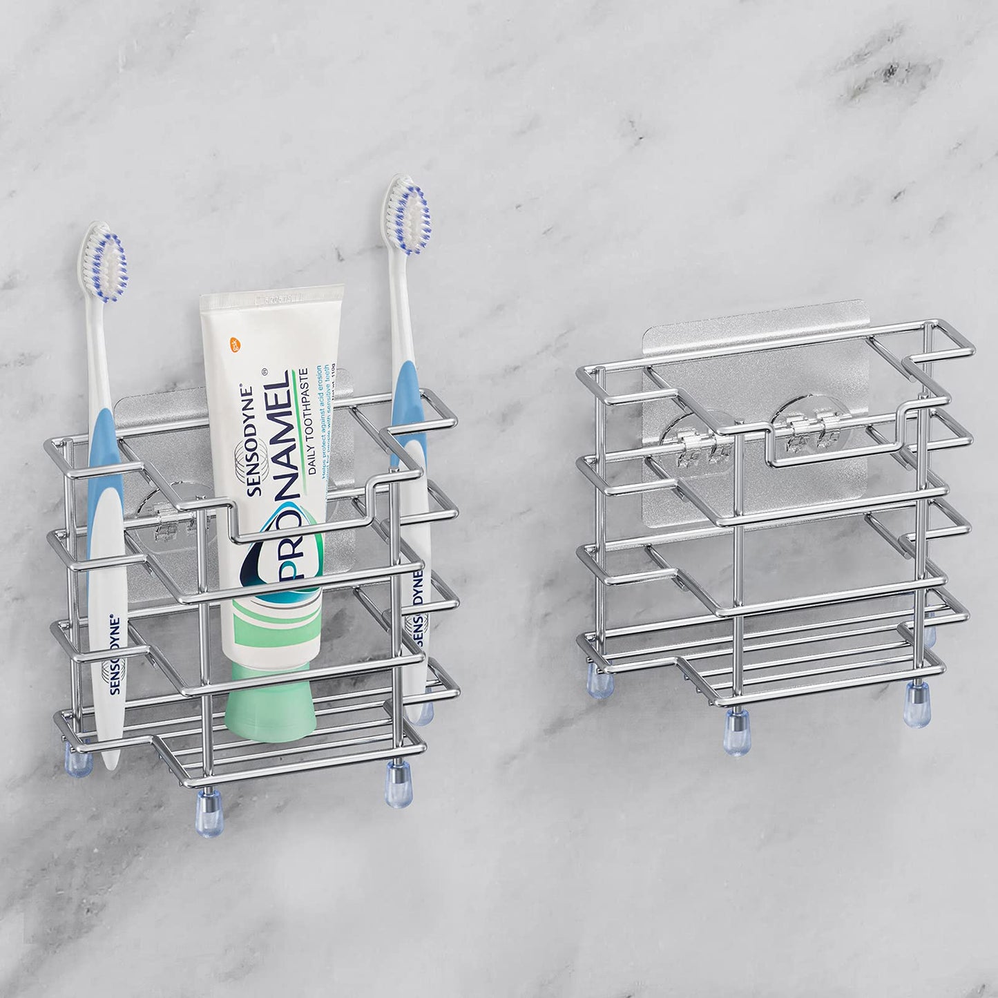 Linkidea 2 Pack Electric Toothbrush Holder Wall Mounted, Stainless Steel Toothpaste Stand Rack for Shower Bathroom, Self Adhesive 3 Slots Countertop