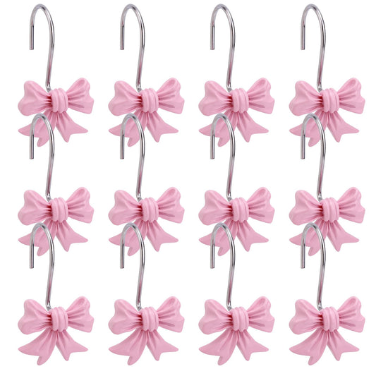 12pcs Bow Knot Shower Curtain Hooks, Decorative Bathroom Bow Hangers Cute Metal Curtain Rings for Bathroom Baby Room Nursery Art Decor (Pink)