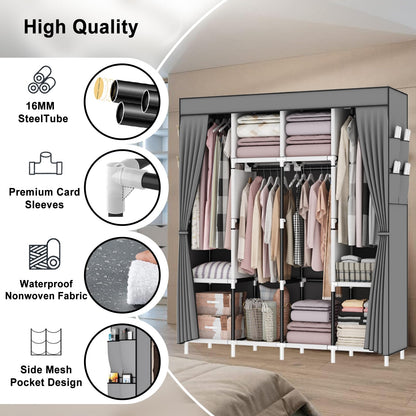 OPPAIYA Canvas Wardrobe, Fabric Wardrobes with 4 Hanging Rails, 4 Compartments and 8 Side Pockets, Zippered Pop Up Wardrobe