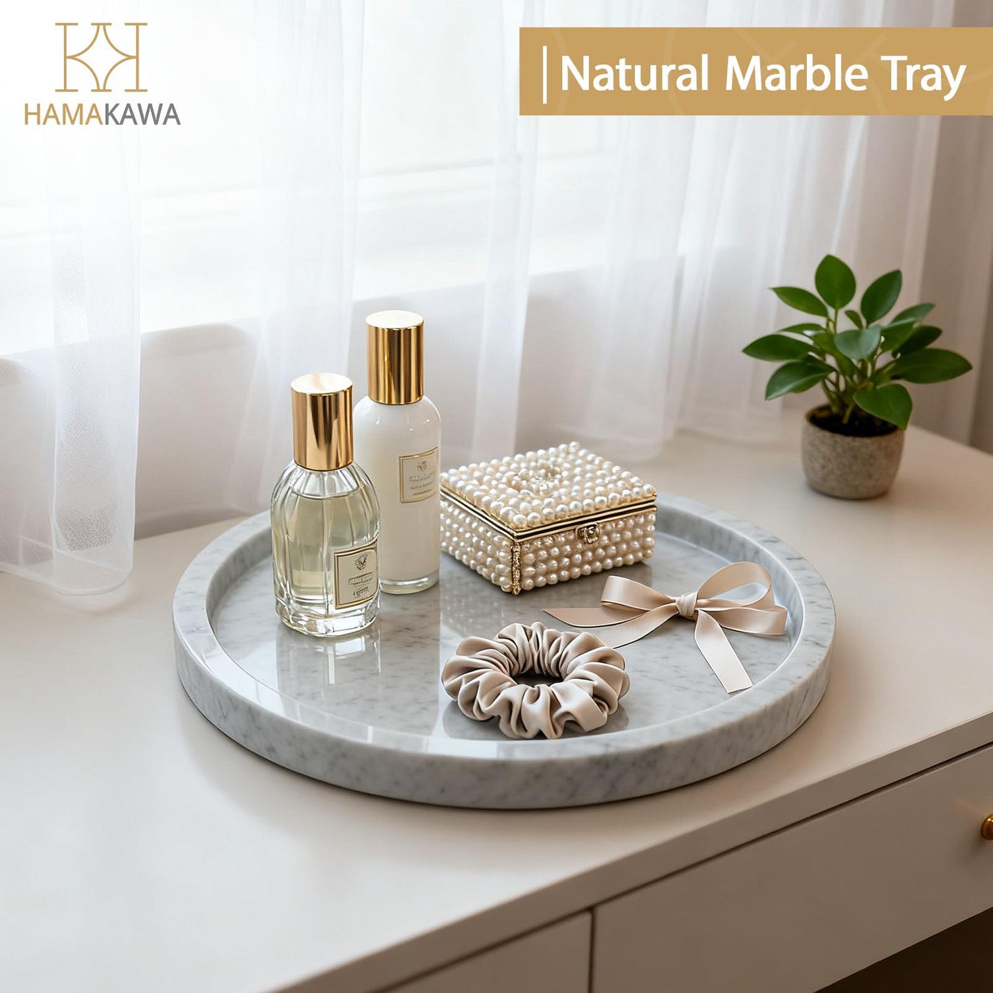 HAMAKAWA Natural Marble Bathroom Vanity Tray, Large Round Tray 24cm / 9.5 inch, Carrara White Limestone Dresser Tray