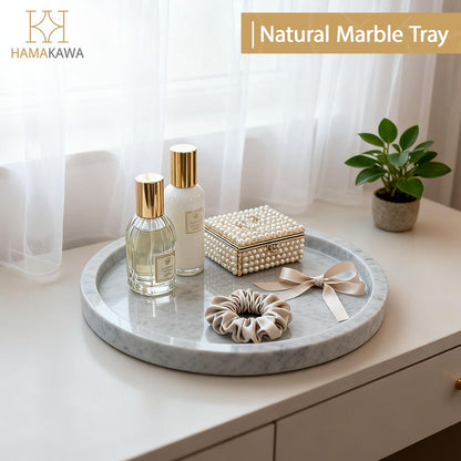 HAMAKAWA Natural Marble Bathroom Vanity Tray, Large Round Tray 24cm / 9.5 inch, Carrara White Limestone Dresser Tray