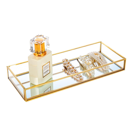 Feyarl Gold Clear Glass Vanity Tray Jewelry Trinket Rings Earrings Organizer Perfume Collection Display Decorative Tray Anti-Mirror Surface for Dressr