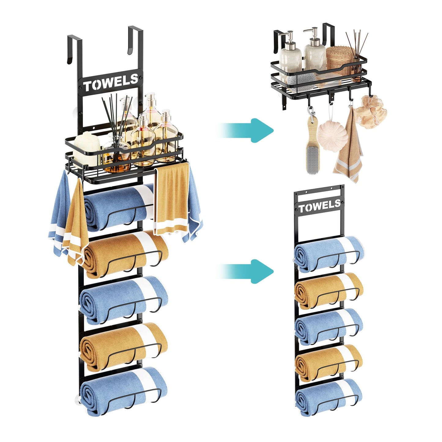 Over The Door Towel Racks for Bathroom, 6 Tier Wall Mounted Towel Rack, Detachable Black Bathroom Towel Holder with Metal Shelf Basket and Hooks,