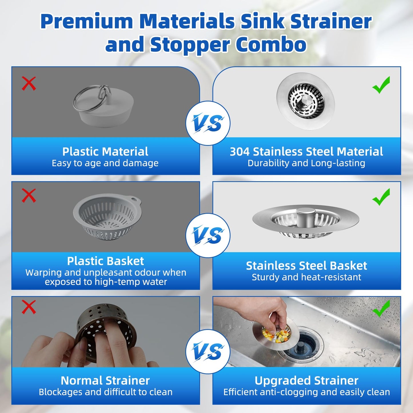 Hibbent 3-in-1 Kitchen Sink Plug, Stainless Steel Strainer, Brushed Nickel