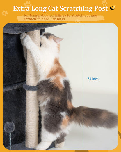 Aechonow 61cm Cat Tree Tower For Large Adult Cats, 48 * 40cm Big Window Perch Bed, 2 Cat Condos House for Indoor Kittens, Natural Sisal Scratching