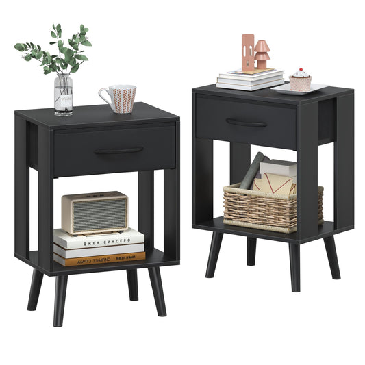 OYRREU Bedside Tables Set of 2, 40X 30 X 60.3cm Black Bedside Table, 2-Tier Small Bed Side Table Bedroom with Drawers and Open Shelf Nightstand