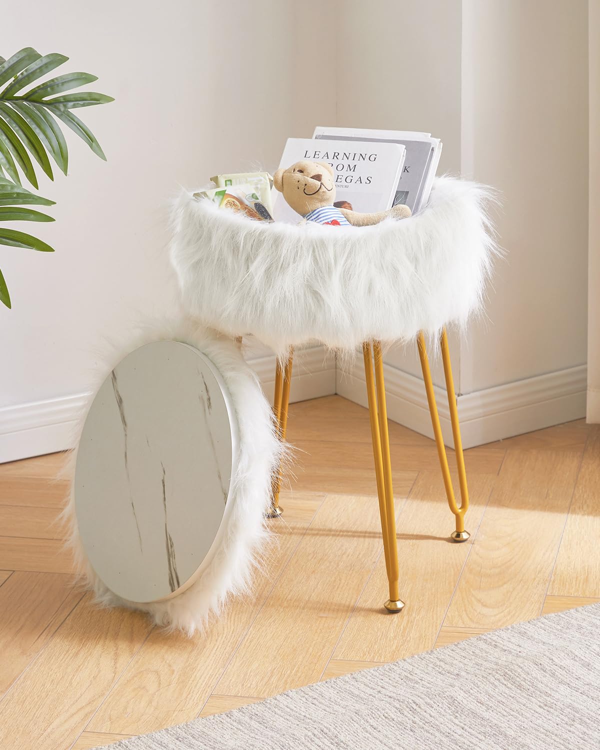 IBUYKE Faux Fur Vanity Stool with Storage, Makeup Chair, White WBD021W