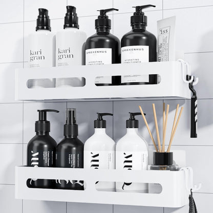 Kitsure Shower Storage - 2-Pack, No Drilling Shower Shelf with Large Capacity, Self-Adhesive Shower Caddy with 4 Removable Hooks, White