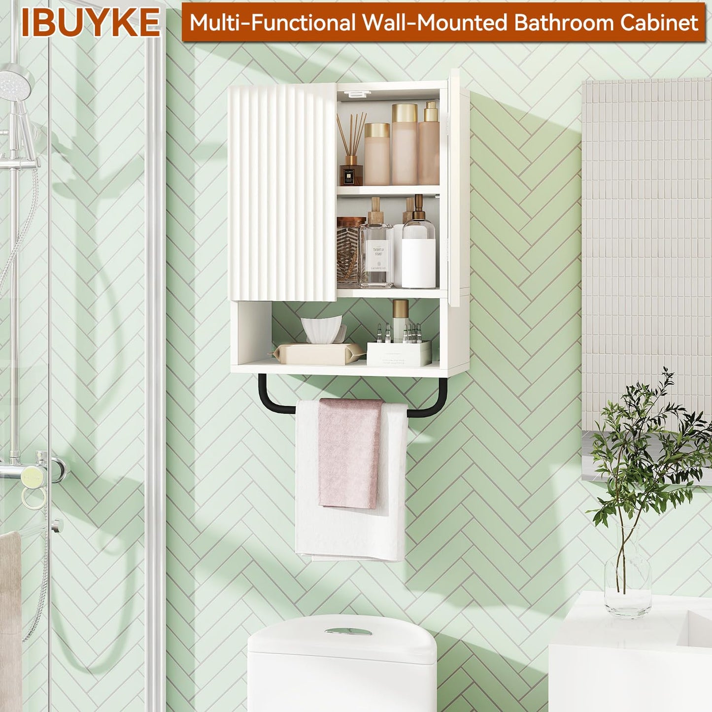 IBUYKE Bathroom Wall Cabinet, Small Bathroom Cupboard with Adjustable Shelf and Towel Bar,Over the Toilet Storage Cabinet with for Bathroom