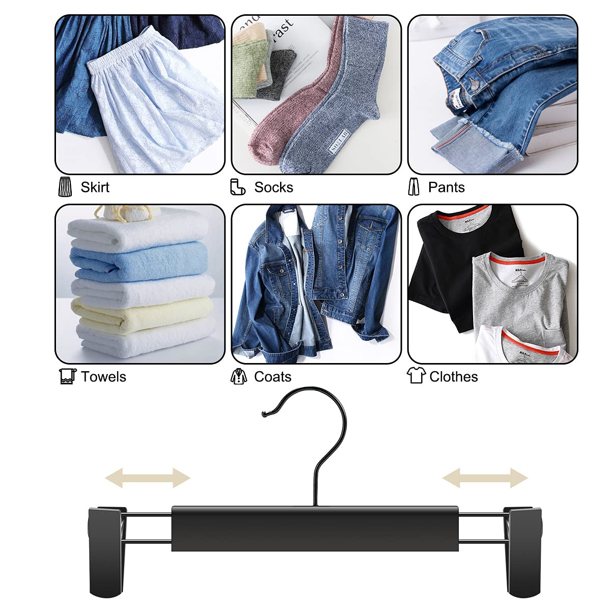 GUANJUNE Clothes Pants Hangers, Space-Saving Skirt Holders with 360 ° Swivel Hooks, Adjustable Clips, Trouser Hangers, Coat Garment Jeans Hangers