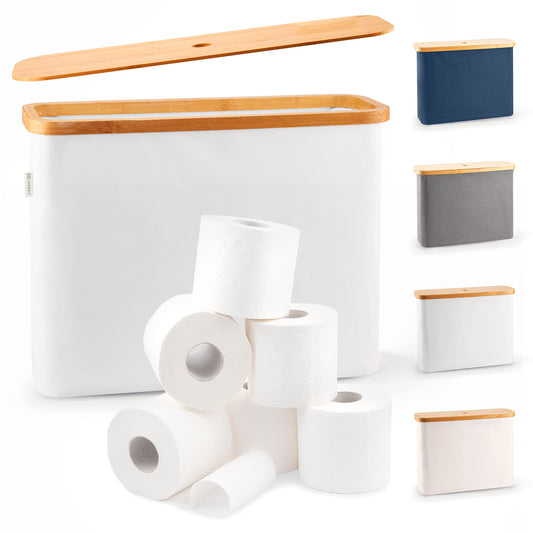 LONBET Toilet Roll Storage for 12 Rolls, Stackable & Foldable - The Ultimate Bathroom Organizer - Waterproof Toilet Paper Storage with Bamboo Lid -