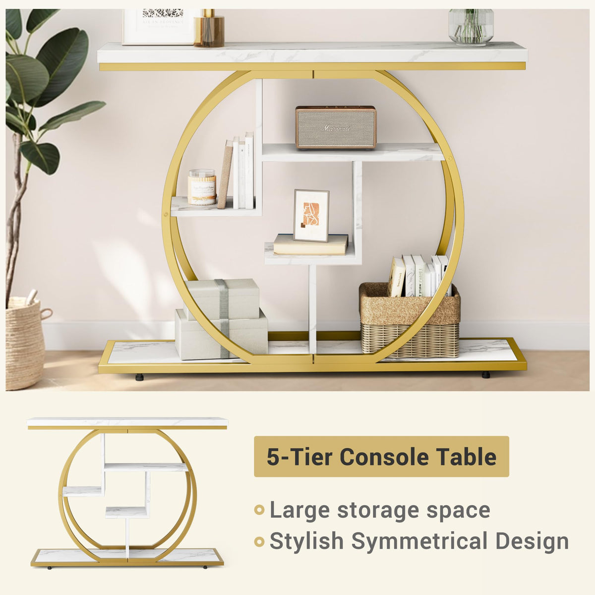 Pampaic Console Table, Hallway Table with 5-Tier Storage Shelves,105 x 30 x 80 cm, Entryway Table with Adjustable Foot Pads