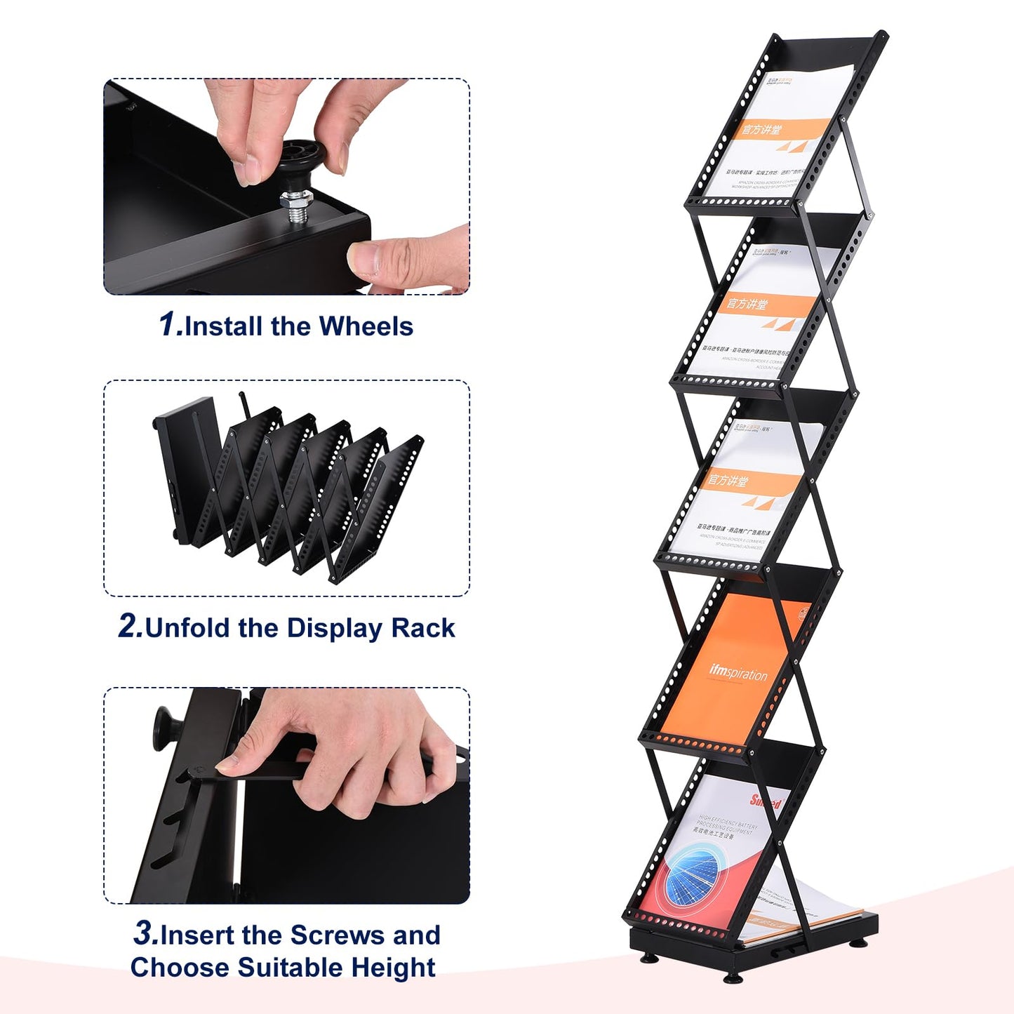 PATIKIL Foldable Magazine Display Racks Floor Standing 5 Layers Brochure Stand Catalog Literature Holder with Wheels for Hotel, Exhibition