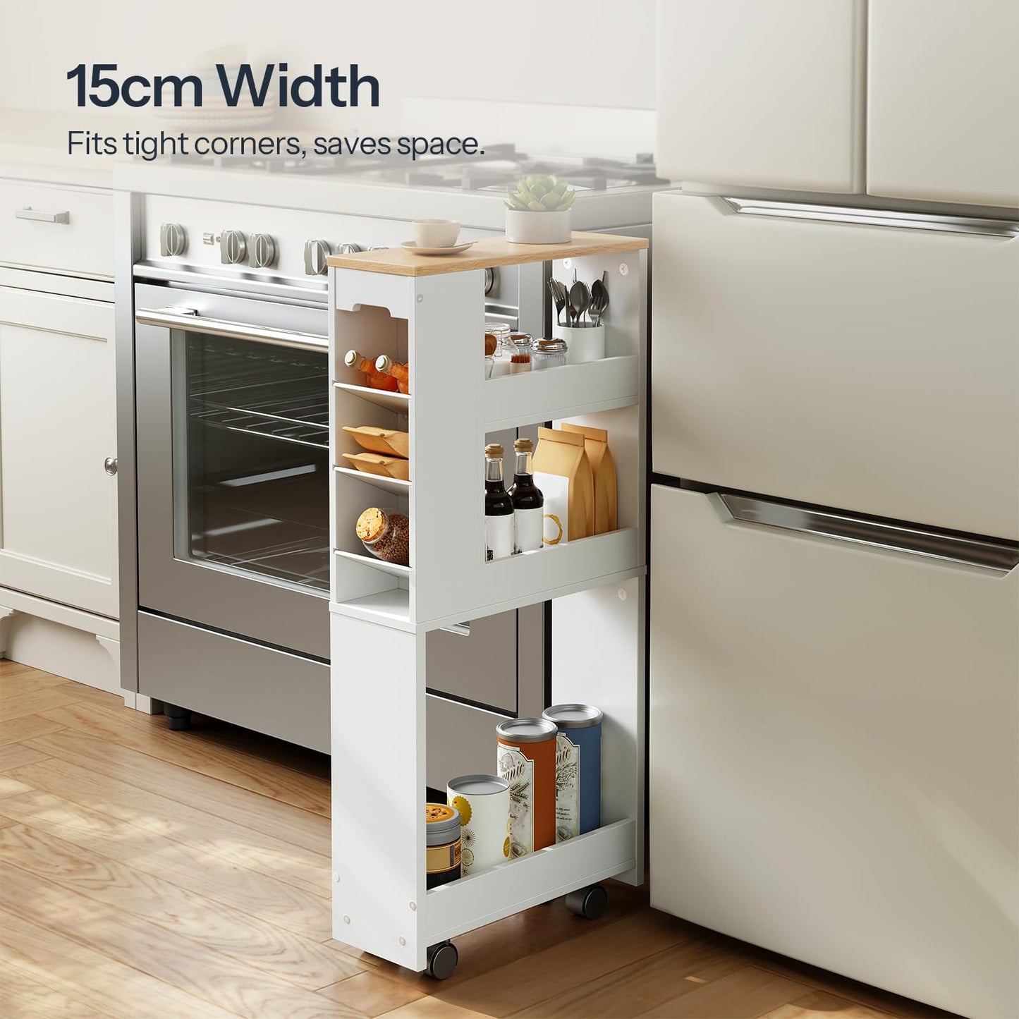 HOOBRO 4-Tier Slim Storage Trolley, 40 x 15 x 85.5 cm, Narrow Kitchen Trolley with 4 Lockable Swivel Casters, Storage Cart for Small Spaces, Kitchen