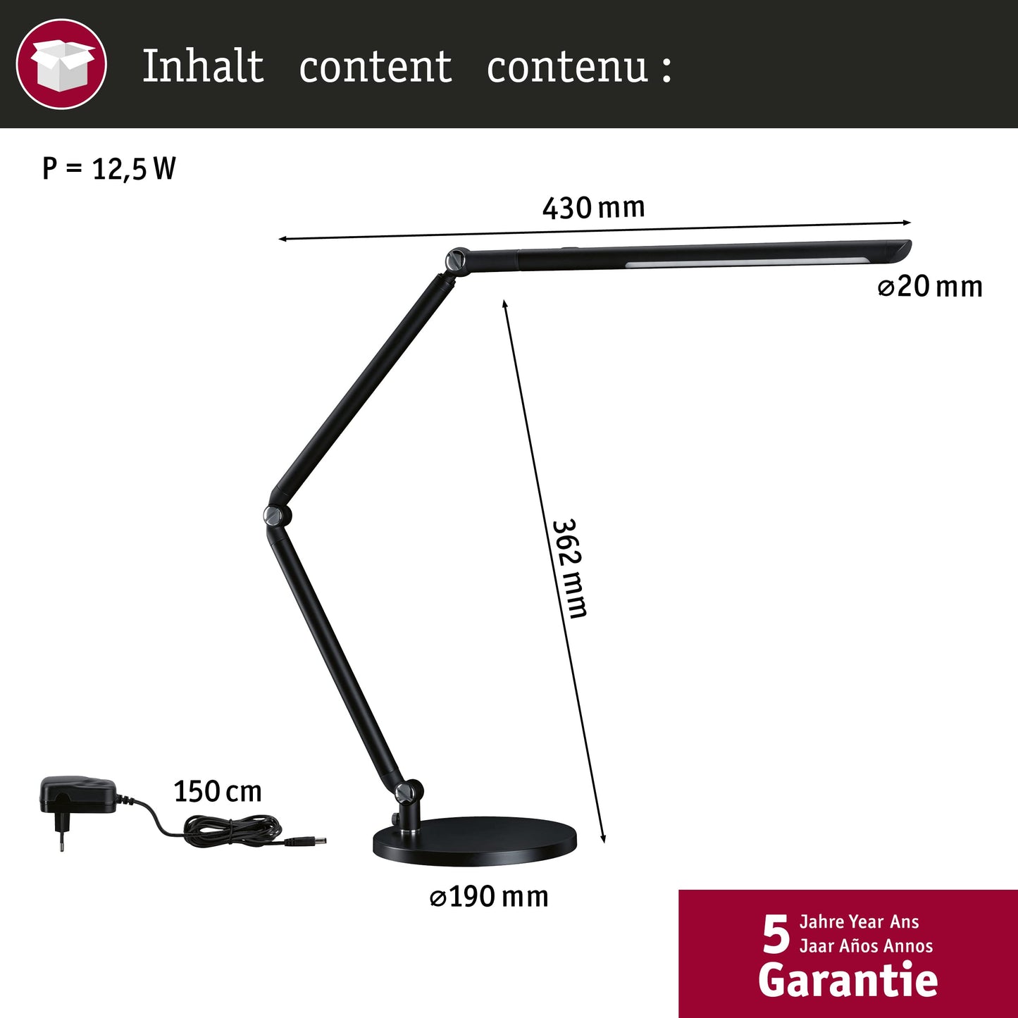 Paulmann 78912 LED Desk Lamp FlexBar White Switch Tunable White Including 1 x 10.6 Watt Dimmable Assistance Lights Black Table Lamp 3000 K