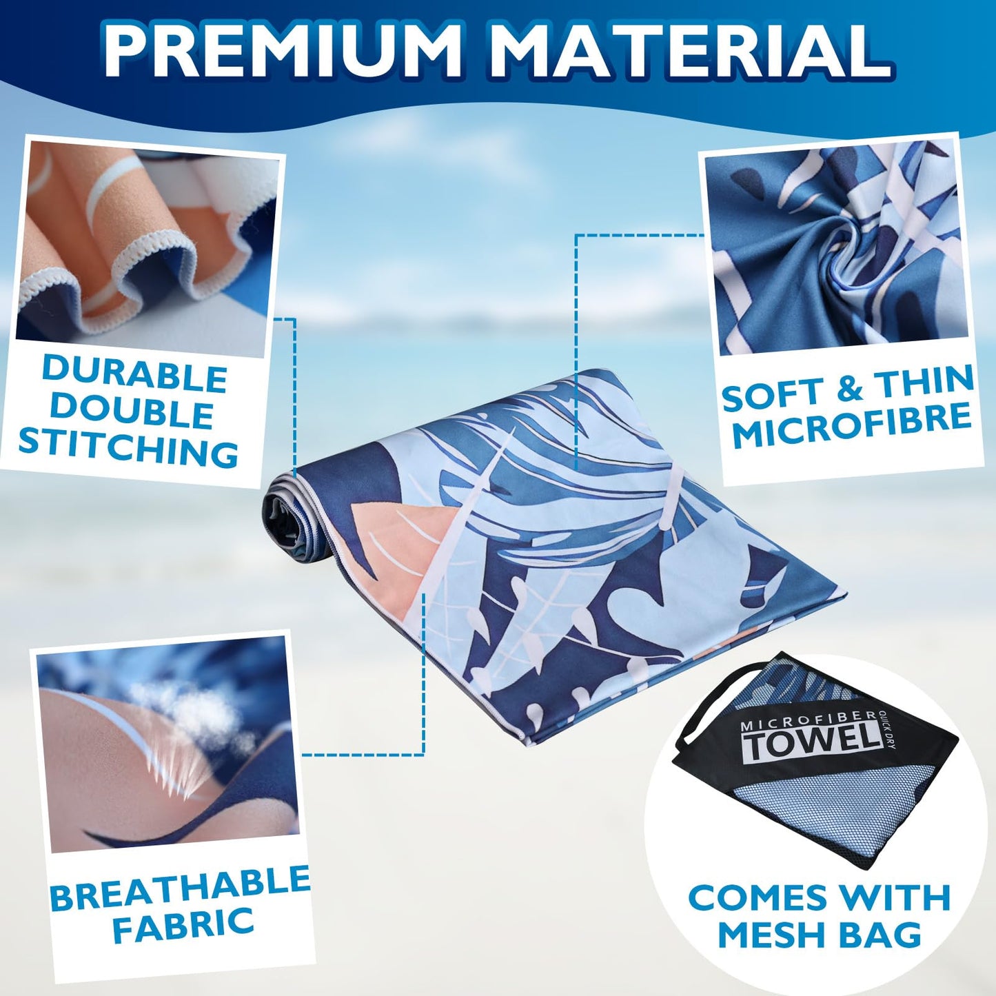 Beach Towels For Adults Extra Large - 2 Pack 200x90cm Lightweight microfibre beach towel with Mesh Bags