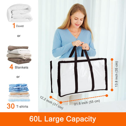 Vieshful 3 Pack Clear Comforter Storage Bag, 60L Clothes Storage Bag with Zipper Closet Organizer