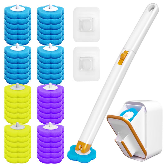 Disposable Toilet Brush with 48 Cleaner Refills, Toilet Brush Disposable with Wall Mounted Holder and Extended Handle for Showers and Bathroom