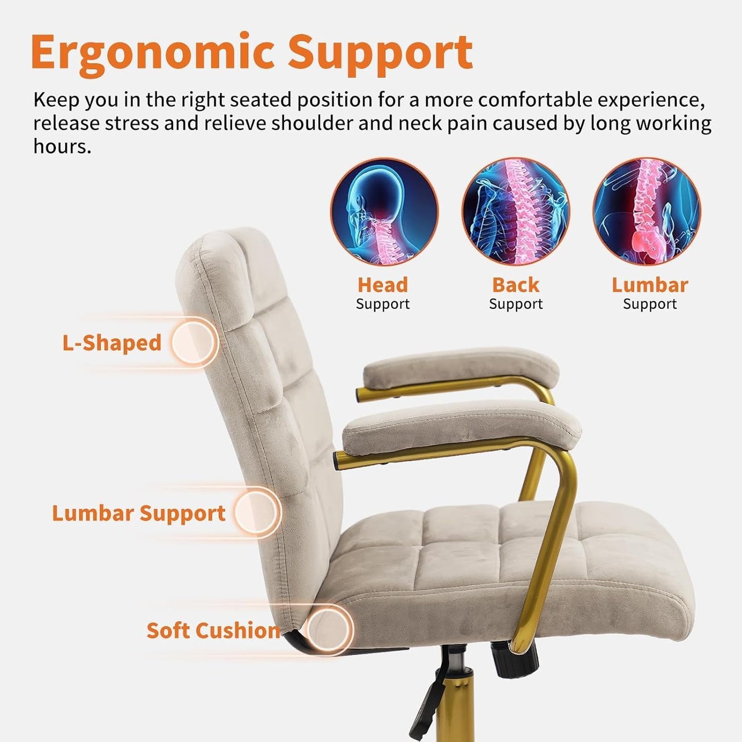 CLATINA Velvet Home Office Desk Chair, Fabric Upholstered Vanity Chairs with Golden Base and Arms